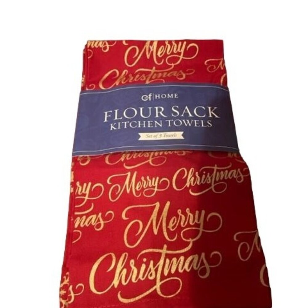 C&F Home Set Of 3 Flour Sack Kitchen Towels Merry Christmas Design Gold‎ & Red